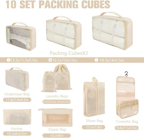 Vista 2 de Juego de 10 cubos de embalaje para viajes, bolsas organizadoras de equipaje ligeras para maleta, organizadores de embalaje esenciales de viaje