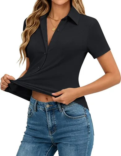 Vista 14 de siliteelon Camisas de manga corta con botones para mujer, camisas de vestir elásticas en 4 direcciones, blusa de trabajo ajustada