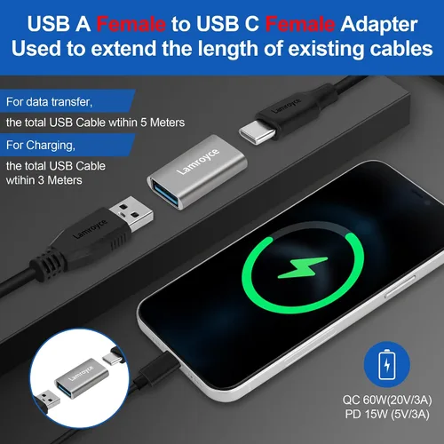 Vista 5 de Paquete de 2 adaptadores USB 3.0 a USB C 3.1, transferencia de datos de doble cara de 10 Gbps, bidireccional tipo C (hembra) a tipo A (hembra) sobre