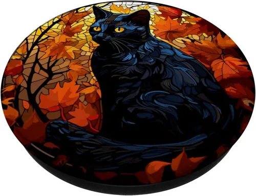 Vista 2 de Halloween Gato Negro Vidriera Otoño Hojas PopSockets Estándar PopGrip
