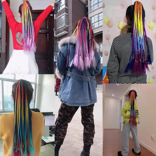 Vista 2 de Extensiones de cabello con trenzas de colores con bandas de goma, extensiones sintéticas trenzadas arco iris, accesorios para el cabello de cola