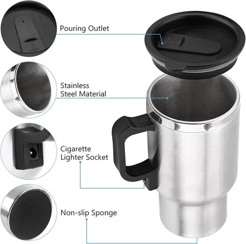 Vista 4 de Taza térmica de viaje de acero inoxidable de 12V 15.2 fl oz, taza de viaje con aislamiento eléctrico, taza de calefacción para coche, para café, té