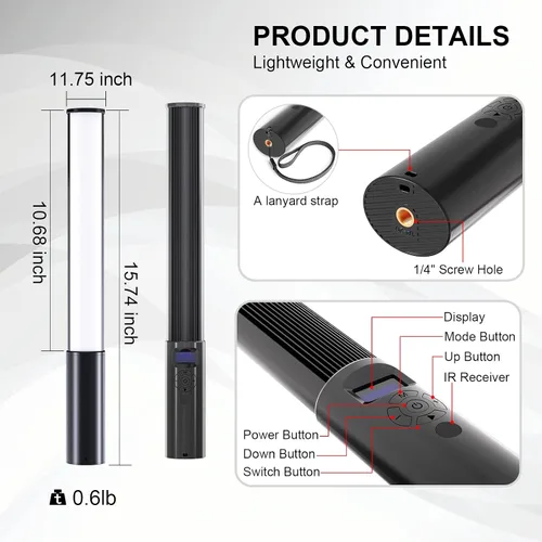Vista 6 de Varita de luz LED RGB de 360° RGB para fotografía de estudio, luces de tubo alimentadas por batería, 12 efectos de iluminación, luz de cámara