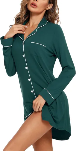 Vista 56 de Samring Camisón de pijama para mujer, manga corta/larga, con botones, camisón para dormir, camisón para novio, talla XXL