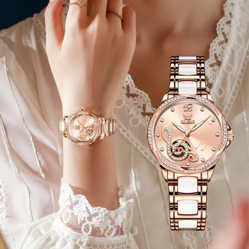 Vista 4 de OLEVS Relojes para mujer, de cuerda automática, oro rosa, diamante, reloj de pulsera mecánico automático, acero inoxidable, dos tonos, pulsera