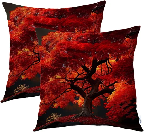 Vista 29 de Batmerry Fundas de almohada de bosque de arce otoñal, casas de sillas de madera, hojas amarillas, fundas de almohada decorativas, impresión digital