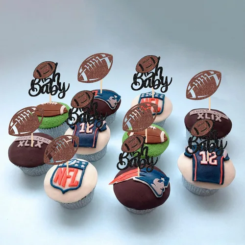 Vista 5 de Oh Baby - Juego de 24 adornos para cupcakes de fútbol americano con purpurina para decoración de cupcakes de fútbol americano para superrugby