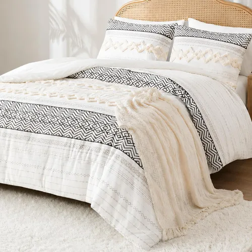 Vista 7 de Hyde Lane Juego de edredón bohemio tamaño Queen, ropa de cama moderna tamaño Full estilo casa de campo, parte superior de algodón con rayas jacquard