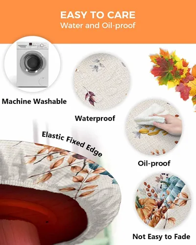 Vista 4 de Mantel ajustado para mesa redonda, mantel de otoño con hojas de otoño y calabaza de Acción de Gracias con borde elástico, mantel impermeable de Beige