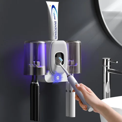 Vista 9 de Soportes para cepillo de dientes para baños, dispensador automático de pasta de dientes y soporte para cepillo de dientes ahorrador de espacio