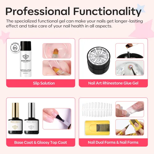 Vista 9 de Modelones Kit de uñas de polygel de 133 piezas, kit de gel para extensiones de uñas de 32 colores en primavera rosa pastel con lámpara de uñas, capa