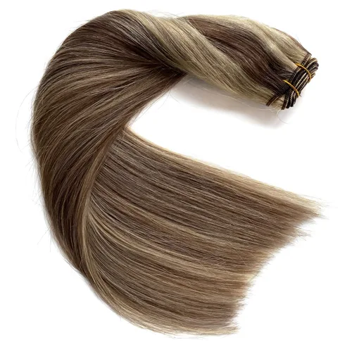 Vista 7 de Extensiones de cabello humano real, balayage, color castaño ceniza a rubio miel, extensiones de cabello humano con reflejos, 14 pulgadas, 2.82 oz