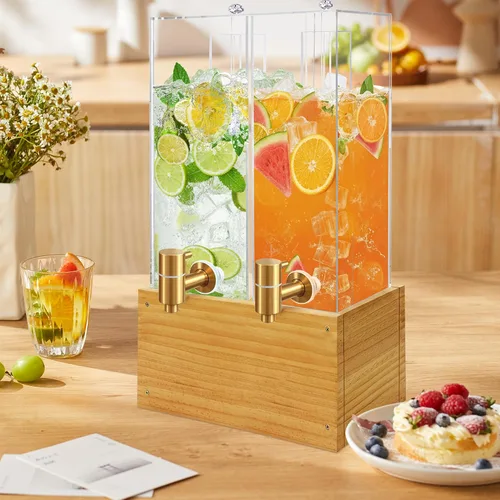 Vista 2 de Paquete de 2 dispensadores de bebidas de 2 galones, dispensador grande de bebidas con soporte de madera, dispensador de bebidas con núcleo de hielo