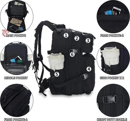 Vista 4 de Mochila táctica militar de 25 litros, resistente Molle, paquete de asalto para el trabajo, gimnasio, al aire libre, senderismo, campamento