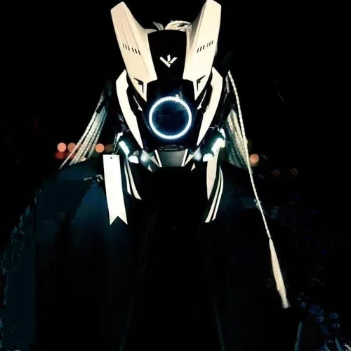 Vista 3 de Máscara punk futurista para mujeres y hombres, máscara de cosplay punk con luz moderna, máscara punk de cara completa en blanco y negro con trenzas