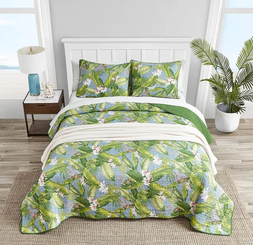 Vista 2 de Tommy Bahama Juego de edredón reversible de algodón con fundas a juego, decoración ligera del hogar para todas las estaciones, Queen, verde/azul