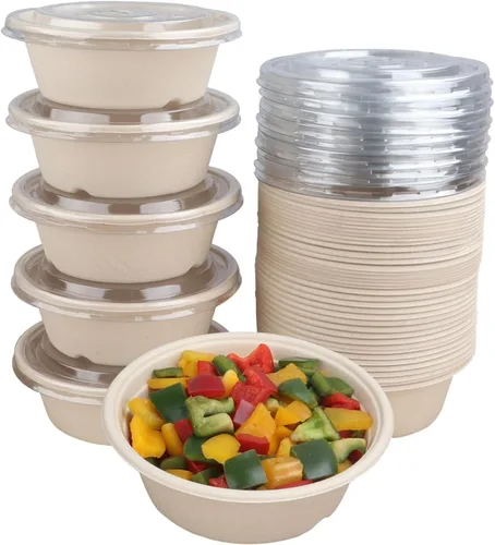 Vista 9 de Cuencos de ensalada desechables de 25 onzas con tapas, cuencos de papel de fibra de caña de azúcar, recipientes de comida para llevar, contenedor