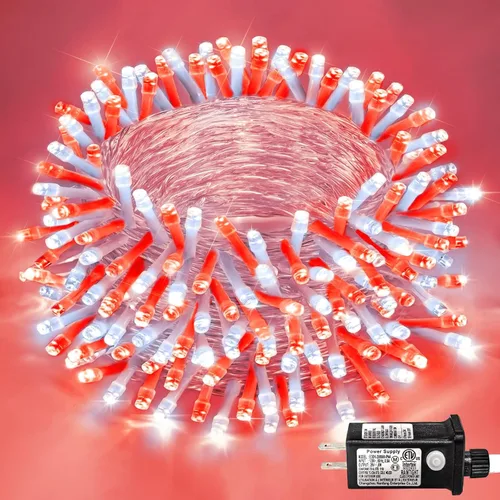 Vista 40 de Guirnalda de 120 luces LED rojas impermeables para exteriores, luces de Navidad rojas de 40 pies, 8 modos, cable transparente, guirnalda de luces