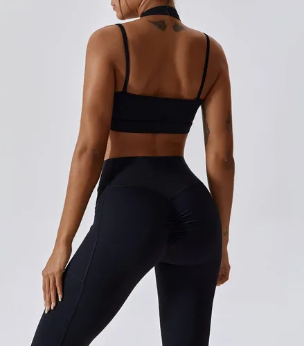 Vista 2 de ABOCIW Conjuntos de entrenamiento para mujer, cuello en V, brasier deportivo, leggings de alta espera con bolsillo, gimnasio, yoga, trajes de 2