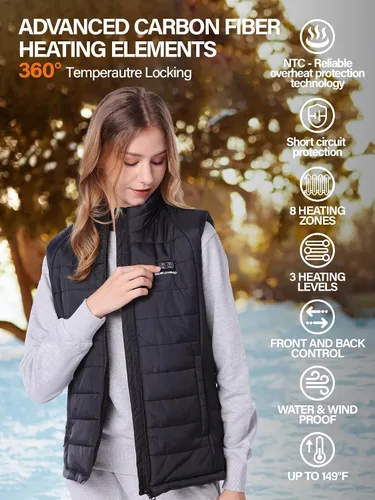 Vista 4 de SNOW LEOPARD Chaleco térmico para mujer con batería, ligero, calentamiento de invierno, lavable, ajuste delgado para esquí, caza