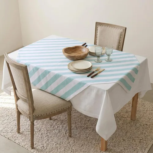 Vista 3 de Solino Home Mantel cuadrado de lino de 52 x 52 pulgadas, a rayas cabaña, 100% lino puro, color aguamarina y blanco, lavable a máquina para verano