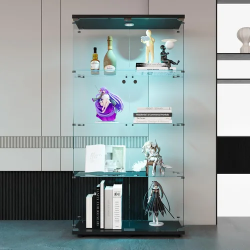Vista 15 de Vitrina de cristal con luces LED y cerradura, vitrina Curio de 4 niveles con puerta de cristal, estantería de pie para sala de estar, dormitorio
