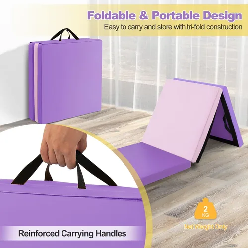 Vista 6 de Goplus Esterilla de Gimnasia Plegable, 6' x 2' x 2'' de Grosor Tri-Fold Esterilla de Ejercicio y Volteretas con Asas de Transporte, Cierre de Gancho