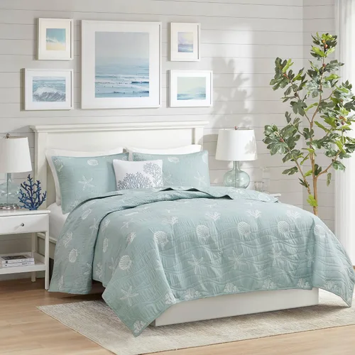 Vista 3 de Harbor House Seaside - Juego de edredón reversible de algodón con diseño de almeja costera, estrellas de mar, bordado de coral, para todas