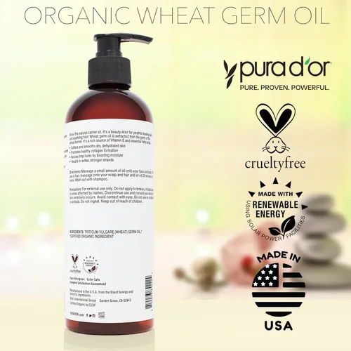 Vista 5 de PURA D'OR Aceite de germen de trigo orgánico de 16 onzas – Aceite portador prensado en frío 100% puro y natural certificado por la USDA – Vitamina E