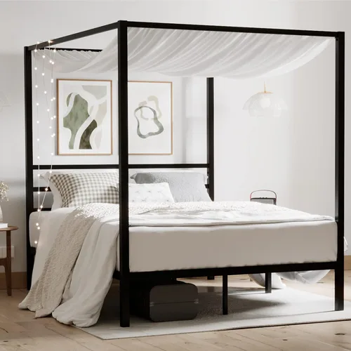 Vista 4 de ikalido Marco de cama con dosel de metal tamaño completo, marco de cama con plataforma moderna de cuatro postes, base de colchón, espacio de Negro