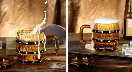 Vista 6 de Vaso de madera en forma de barril de vidrio taza de cerveza con forma de barril de vidrio con tapa