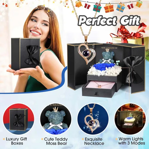 Vista 7 de AddWel Regalos de rosas para mujer, rosas azules reales preservadas con collar I Love You en 100 idiomas y lindo oso de musgo para novia, esposa