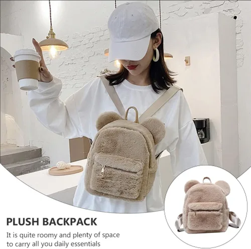 Vista 8 de Sosoport Linda mochila de oso mullido con orejas de oso, mochila kawaii suave y esponjosa, casual, mini bolsa de hombro para niñas, Marrón