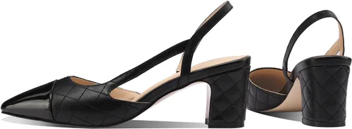 Vista 4 de Vaslemuse Tacones delgados para mujer, tacón bajo cerrado, punta redonda, tacones de bloque, tacones gruesos de dos tonos, sandalias de novia