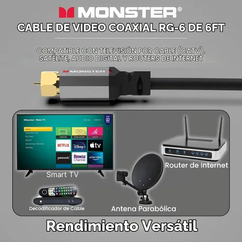 Vista 6 de Monster Essentials - Cable coaxial RG-6 con conector de cable coaxial F-Pin chapado en oro, cable de Internet de alta velocidad con cubierta