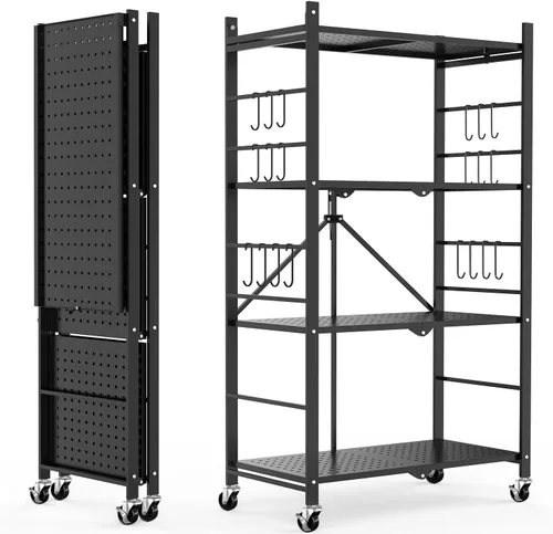 Vista 10 de Himix Estantes de almacenamiento con 6 ganchos, estante plegable de 3 niveles con ruedas, estantería de almacenamiento de metal, carrito rodante