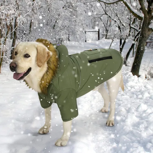 Vista 4 de Chaqueta grande con capucha para perro, impermeable, ropa cálida reflectante para perros, ropa gruesa acolchada para perros medianos y grandes