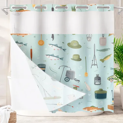 Vista 49 de Batmerry Maritime Nautical Hookless Shower Curtain with Snap in Liner Set, Anchors Ship Wheel Bath Curtain Magnetic Hem Quick-Drying Waterproof