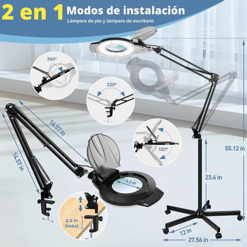 Vista 5 de KIRKAS Lámpara de pie con aumento de 2,200 lúmenes para esteticista, lente de cristal real de 12 aumentos con base rodante de 5 ruedas, soporte