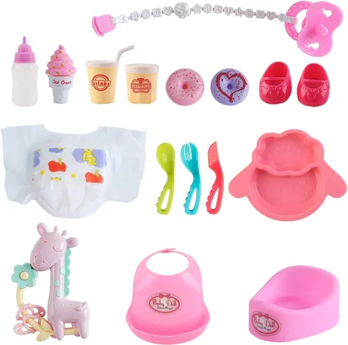 Vista 4 de deAO Conjunto de Muñeca Bebé Negra - Móvil, Silla Alta, Cochecito y Accesorios de Alimentación - Juego de 21 Piezas (Muñeca Incluida) 21 PCS Baby