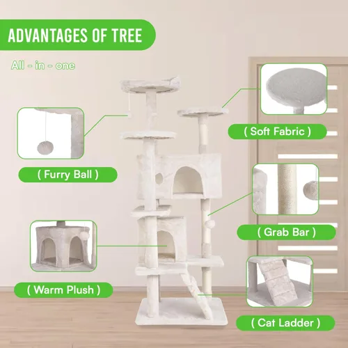 Vista 6 de 24/7 Shop at Home Court - Torre de árbol para gatos de varios niveles de 54 pulgadas con bola colgante y postes rascadores para gatos