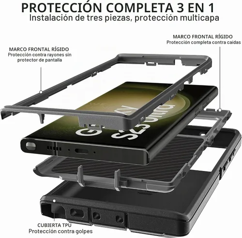 Vista 4 de Funda para Samsung Galaxy S23 Ultra, S23 Ultra con protector de pantalla de TPU flexible autorreparable [2 unidades], funda resistente 3 en 1