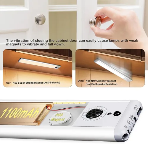 Vista 2 de HL Iluminación para debajo del gabinete, luz LED con sensor de movimiento para interiores, luces recargables de armario inalámbricas, magnéticas