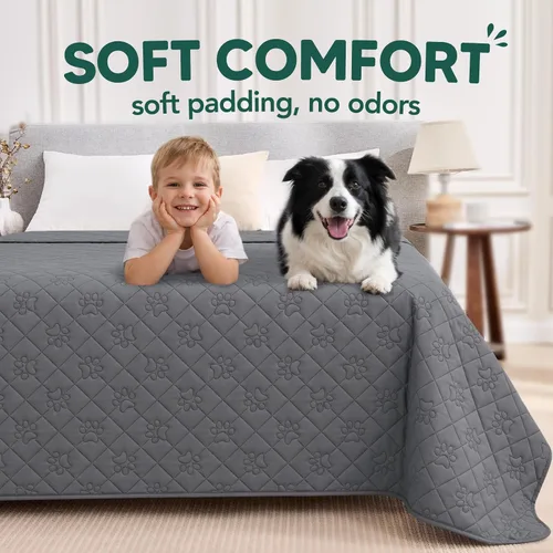 Vista 4 de PAWFINITY Funda de cama impermeable para perros, manta para mascotas lavable para colchón Gris