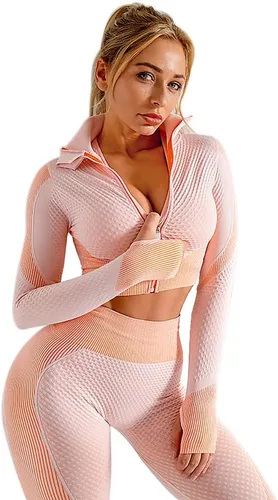 Vista 3 de YETOWA Conjunto de 3 piezas sin costuras para mujer, conjunto de entrenamiento para gimnasio, fitness, deportes, entrenamiento, ropa para correr