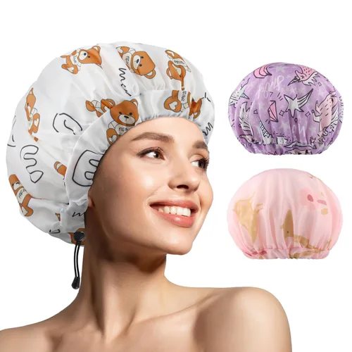 Vista 9 de 1 pieza de gorro de ducha, gorro de baño de doble capa y ajustable para la ducha, gorro de pelo extragrande reutilizable para mujer, exterior