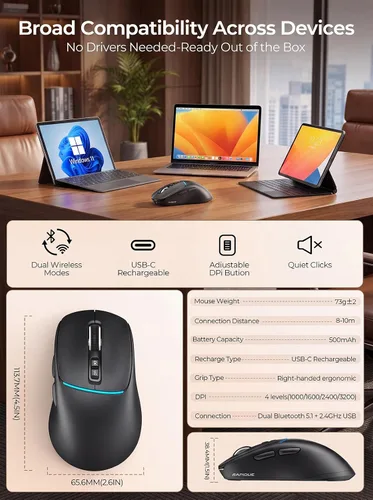 Vista 9 de RAPIQUE Ratón inalámbrico Bluetooth, Bluetooth dual + 2.4G, conecta hasta 3 dispositivos, USB-C recargable, clic silencioso, 4 niveles de DPI hasta