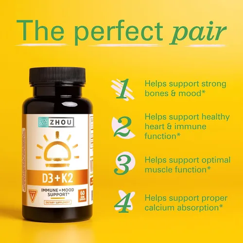 Vista 3 de Zhou D3+K2 - Suplemento de vitamina D3 K2 para mujeres y hombres, suplementos de apoyo inmunológico Vit D3 y K2, fórmula vegetariana pura con 5000