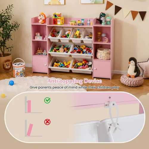 Vista 7 de HONEY JOY Organizador de almacenamiento de juguetes para niños, armario de almacenamiento de piso de madera con 8 contenedores extraíbles, estante
