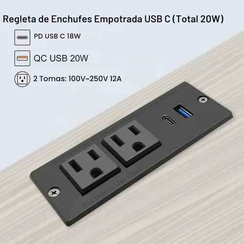 Vista 3 de Regleta de alimentación empotrable USB C, estación de alimentación de escritorio de carga rápida, 2 tomacorrientes, 2 tomas de corriente USB